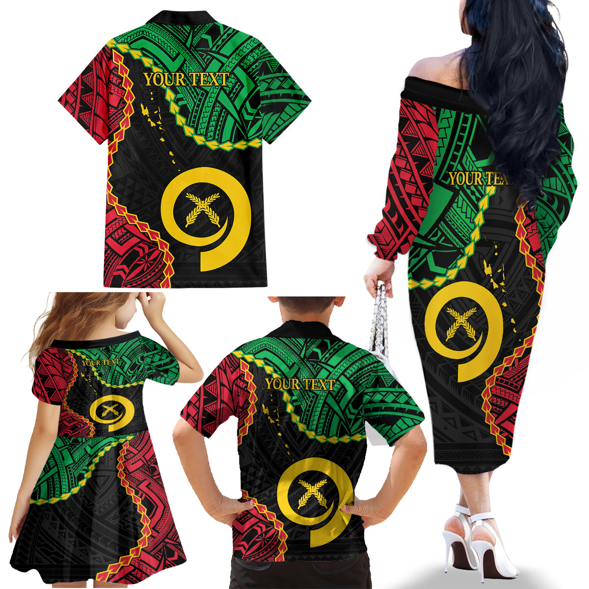 Personalised Vanuatu 44th Anniversary Family Matching Off The Shoulder Long Sleeve Dress and Hawaiian Shirt Tugeta Yumi Selebretem Indipendens Dei LT9 - Polynesian Pride