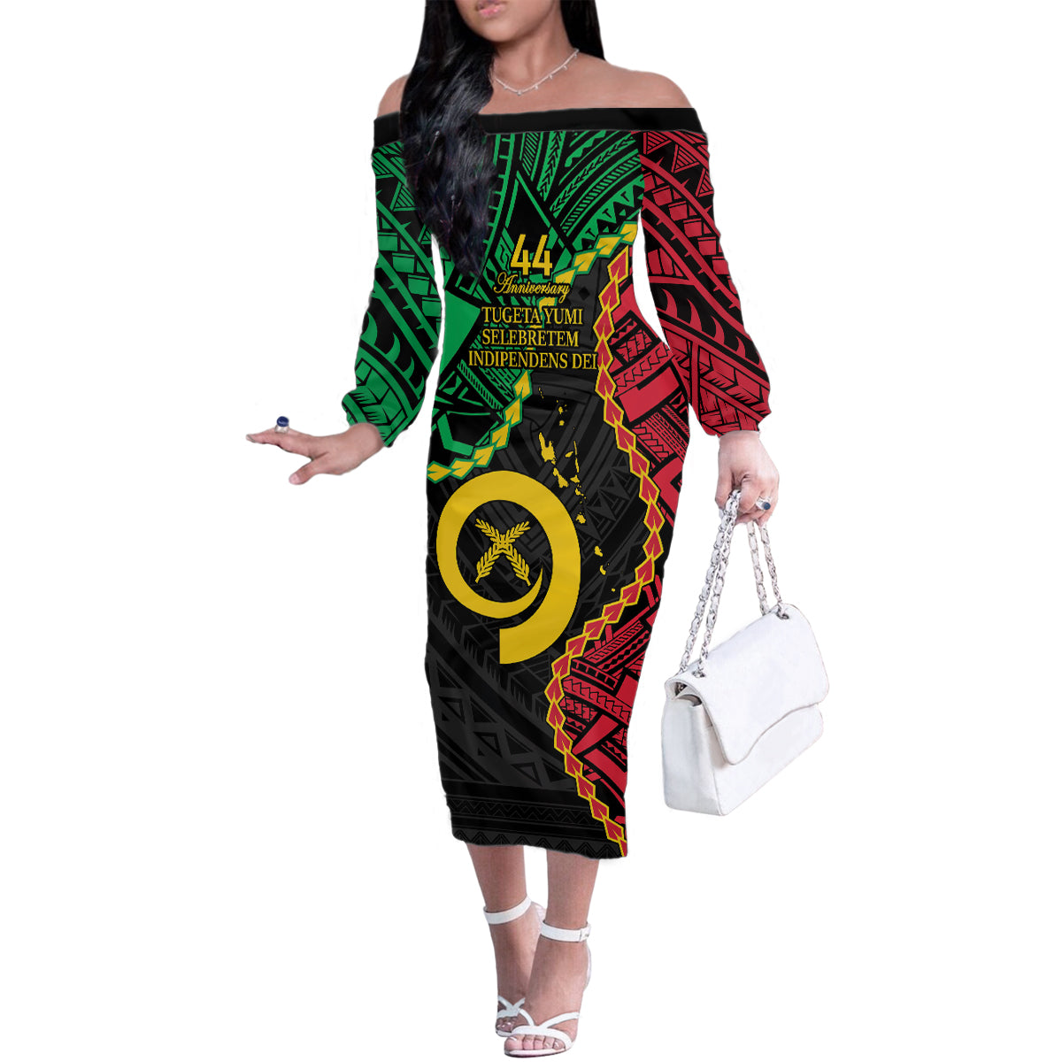 Personalised Vanuatu 44th Anniversary Family Matching Off The Shoulder Long Sleeve Dress and Hawaiian Shirt Tugeta Yumi Selebretem Indipendens Dei LT9 Mom's Dress Black - Polynesian Pride