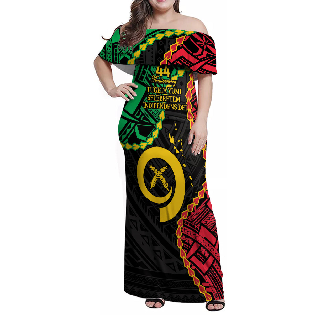 Personalised Vanuatu 44th Anniversary Family Matching Off Shoulder Maxi Dress and Hawaiian Shirt Tugeta Yumi Selebretem Indipendens Dei LT9 Mom's Dress Black - Polynesian Pride