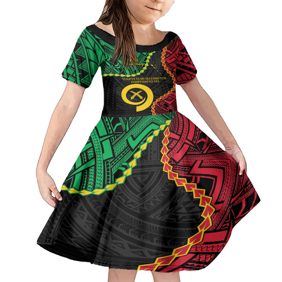 Personalised Vanuatu 44th Anniversary Family Matching Off Shoulder Short Dress and Hawaiian Shirt Tugeta Yumi Selebretem Indipendens Dei LT9 Daughter's Dress Black - Polynesian Pride