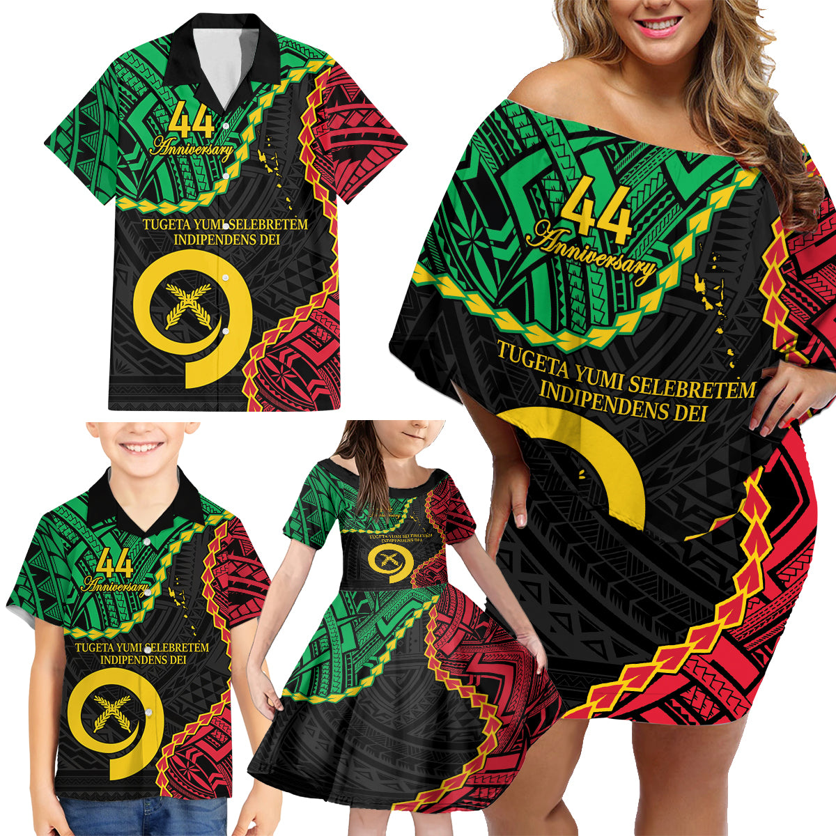 Personalised Vanuatu 44th Anniversary Family Matching Off Shoulder Short Dress and Hawaiian Shirt Tugeta Yumi Selebretem Indipendens Dei LT9 - Polynesian Pride