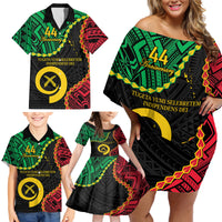 Personalised Vanuatu 44th Anniversary Family Matching Off Shoulder Short Dress and Hawaiian Shirt Tugeta Yumi Selebretem Indipendens Dei LT9 - Polynesian Pride