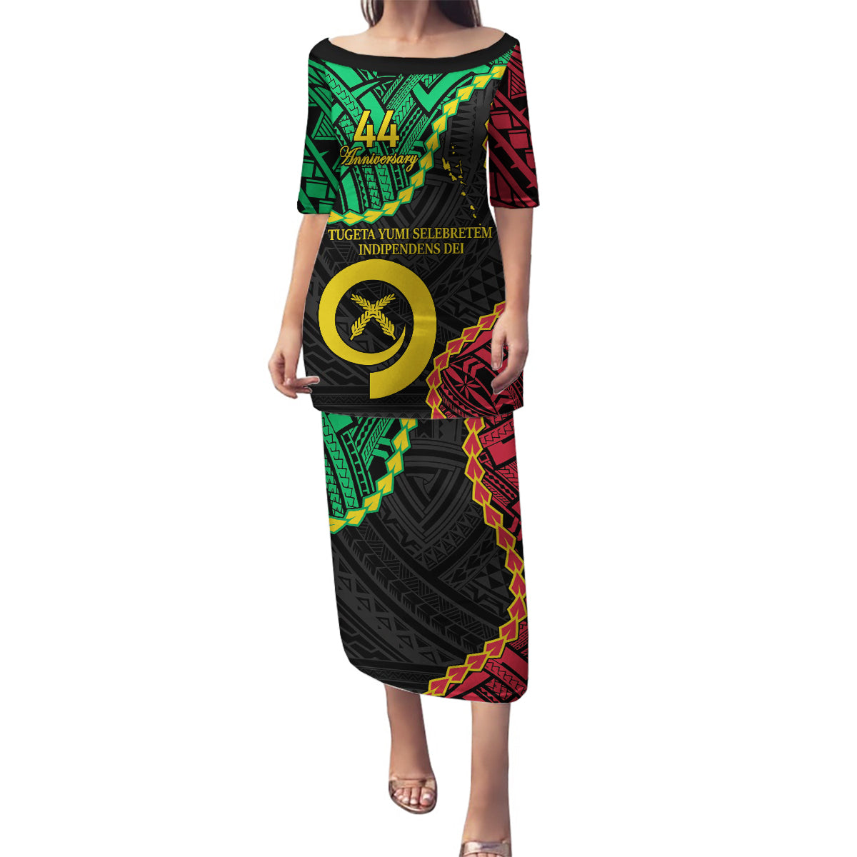 Personalised Vanuatu 44th Anniversary Family Matching Puletasi and Hawaiian Shirt Tugeta Yumi Selebretem Indipendens Dei LT9 Mom's Dress Black - Polynesian Pride