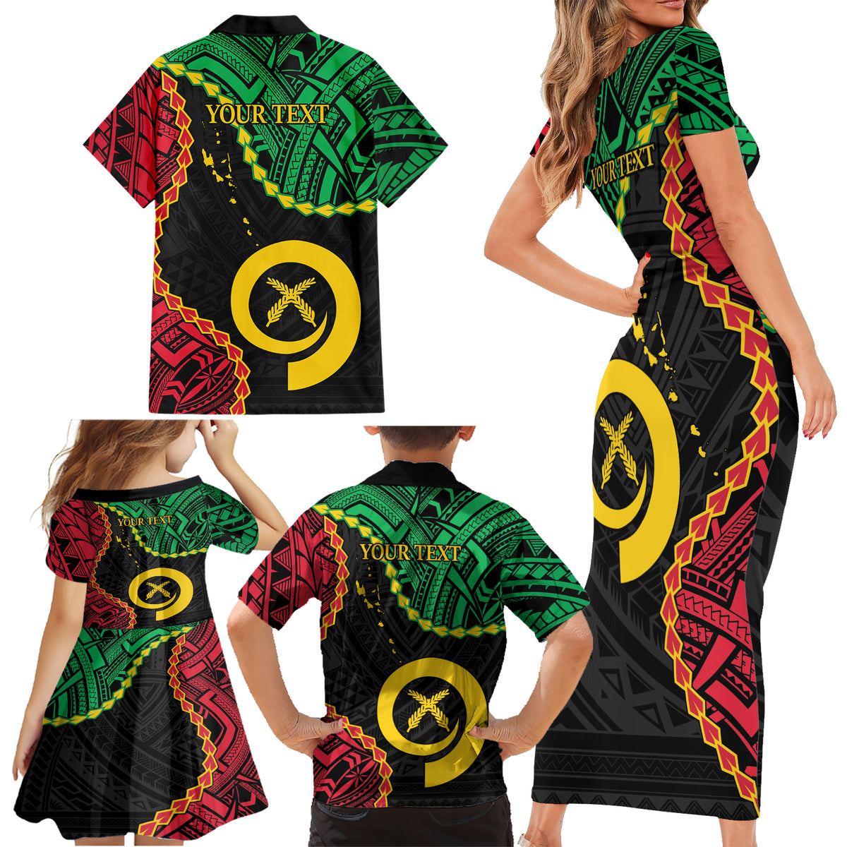 Personalised Vanuatu 44th Anniversary Family Matching Short Sleeve Bodycon Dress and Hawaiian Shirt Tugeta Yumi Selebretem Indipendens Dei LT9 - Polynesian Pride