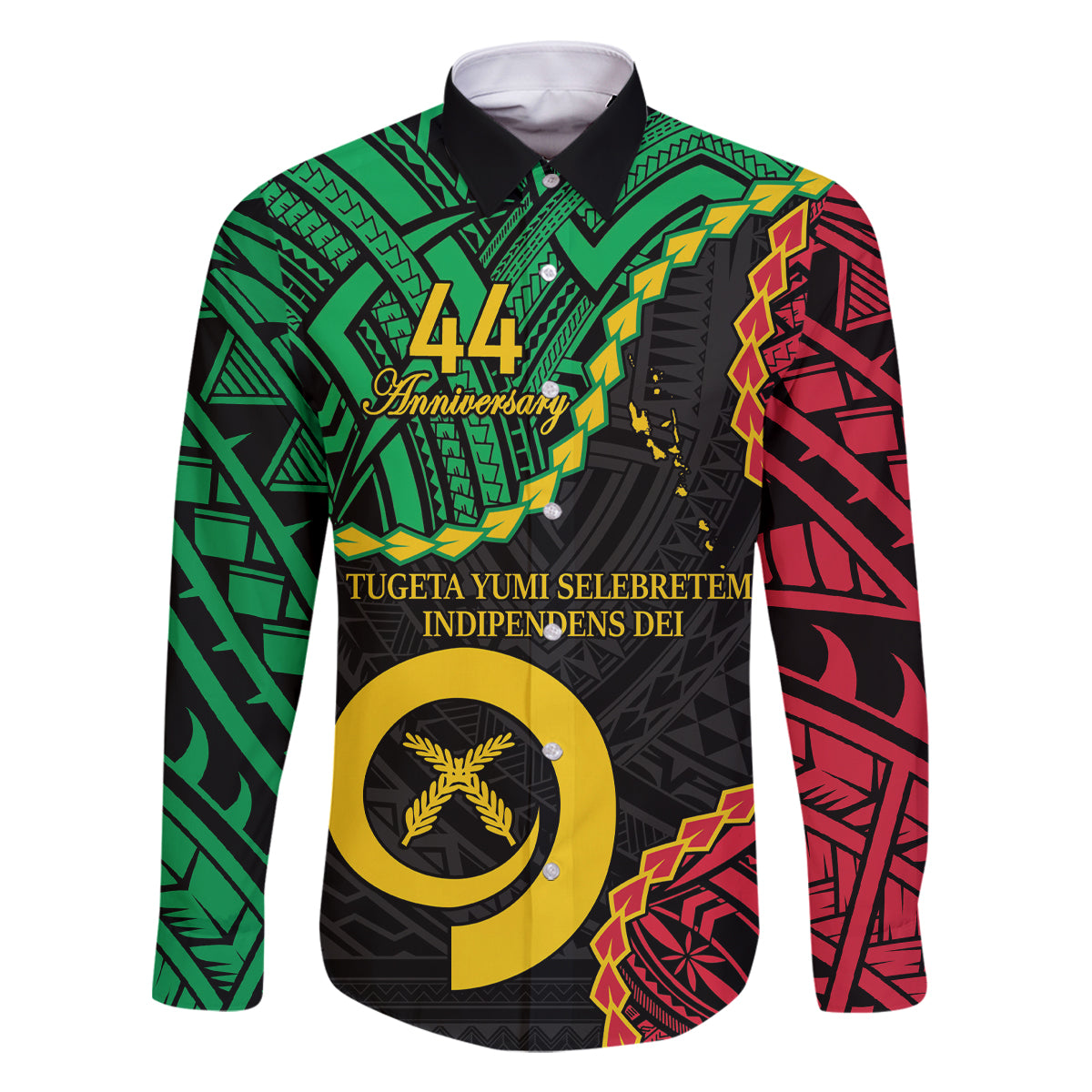 Personalised Vanuatu 44th Anniversary Family Matching Summer Maxi Dress and Hawaiian Shirt Tugeta Yumi Selebretem Indipendens Dei LT9 Dad's Shirt - Long Sleeve Black - Polynesian Pride