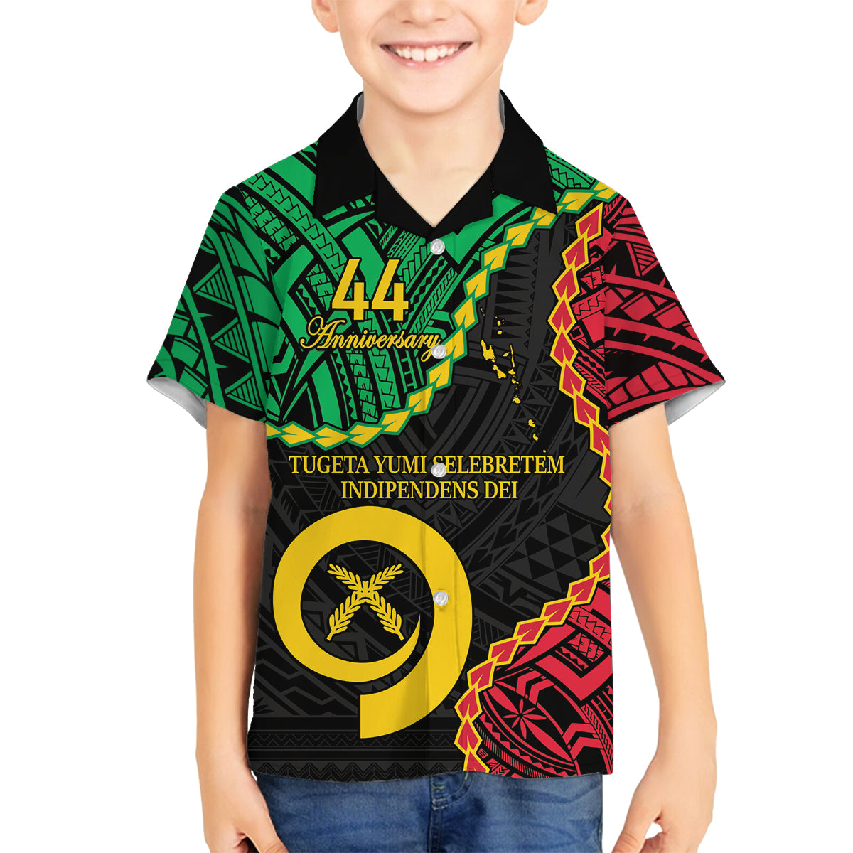 Personalised Vanuatu 44th Anniversary Family Matching Summer Maxi Dress and Hawaiian Shirt Tugeta Yumi Selebretem Indipendens Dei LT9 Son's Shirt Black - Polynesian Pride