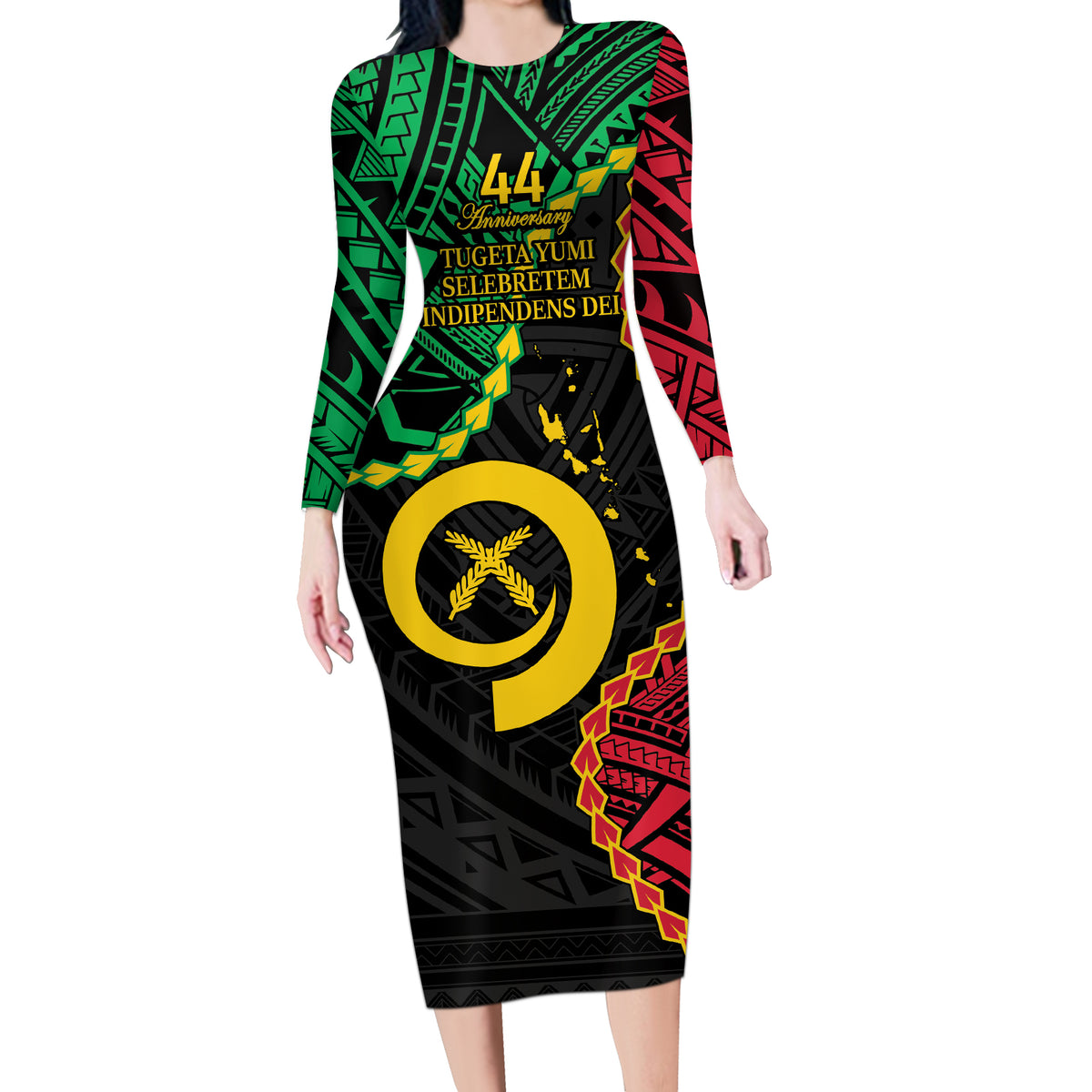 Personalised Vanuatu 44th Anniversary Long Sleeve Bodycon Dress Tugeta Yumi Selebretem Indipendens Dei LT9 Long Dress Black - Polynesian Pride