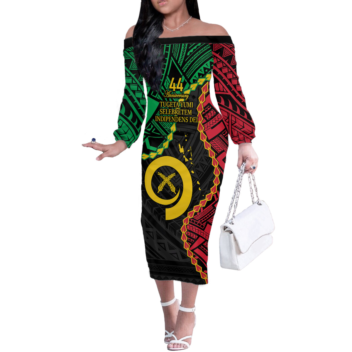 Personalised Vanuatu 44th Anniversary Off The Shoulder Long Sleeve Dress Tugeta Yumi Selebretem Indipendens Dei LT9 Women Black - Polynesian Pride