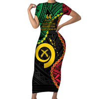 Personalised Vanuatu 44th Anniversary Short Sleeve Bodycon Dress Tugeta Yumi Selebretem Indipendens Dei LT9 Long Dress Black - Polynesian Pride