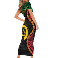 Personalised Vanuatu 44th Anniversary Short Sleeve Bodycon Dress Tugeta Yumi Selebretem Indipendens Dei LT9 - Polynesian Pride