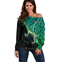 Custom Aotearoa Papua Shell Off Shoulder Sweater Maori Tribal Pattern LT9 Women Green - Polynesian Pride