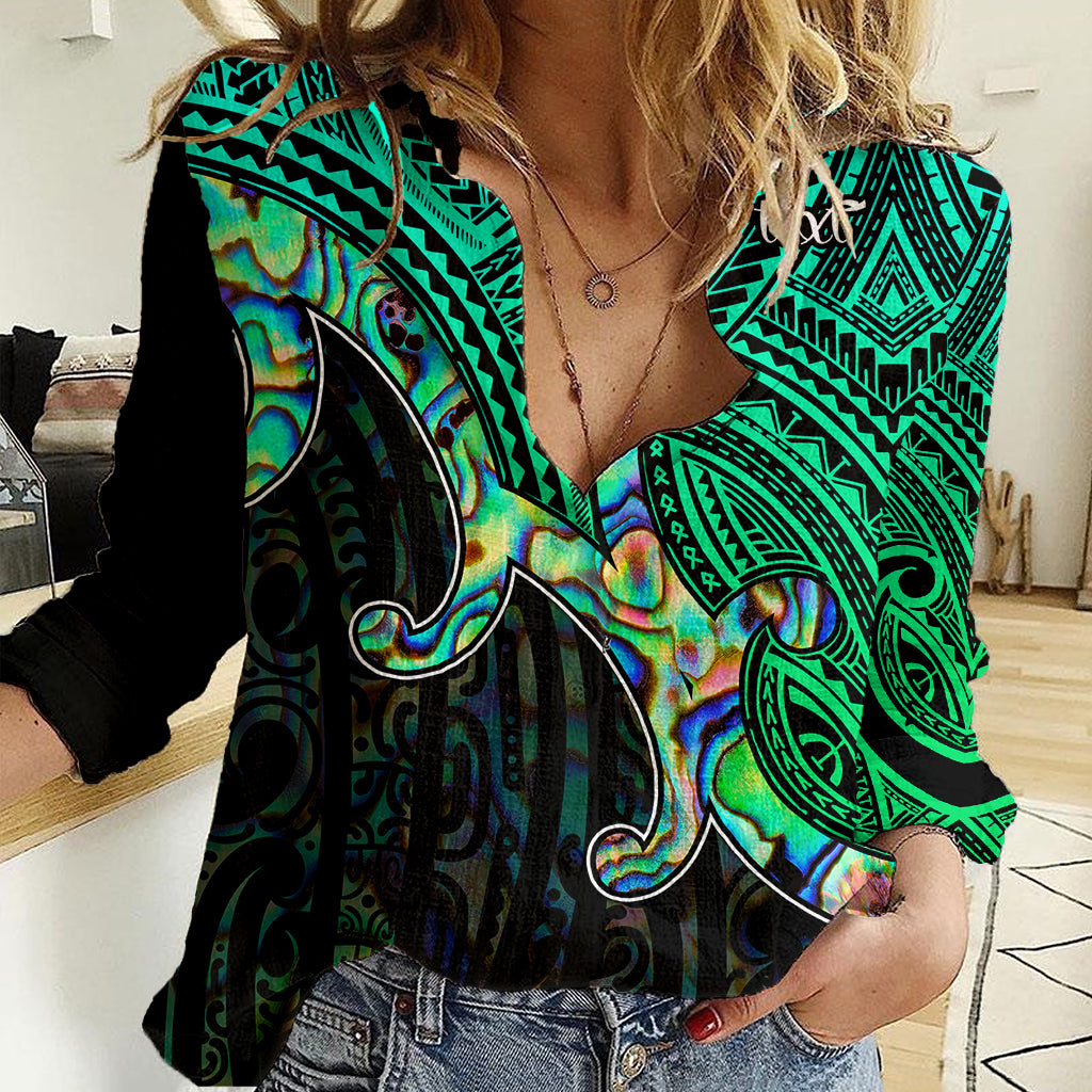 Custom Aotearoa Papua Shell Women Casual Shirt Maori Tribal Pattern LT9 Female Green - Polynesian Pride