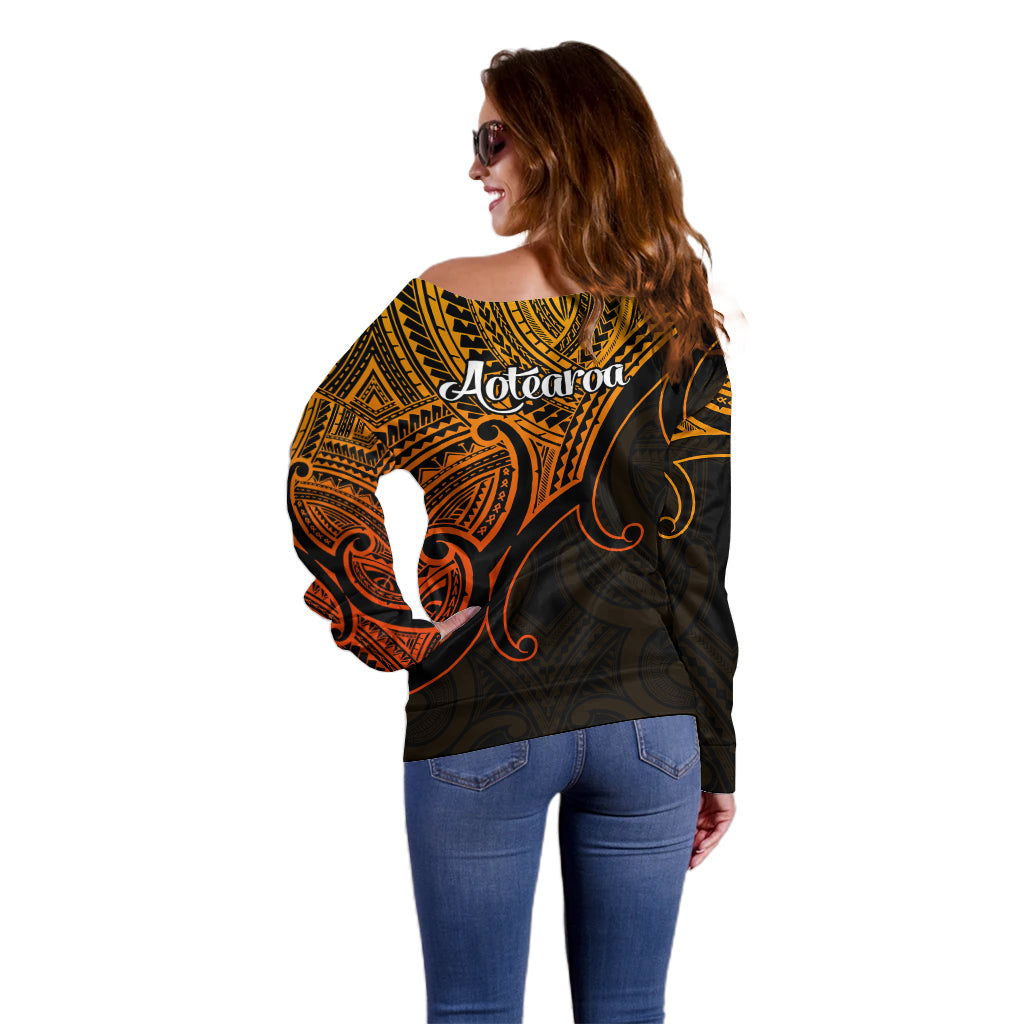 Aotearoa Maori Koru Off Shoulder Sweater Polynesian Pacific Tribal - Gold LT9 - Polynesian Pride