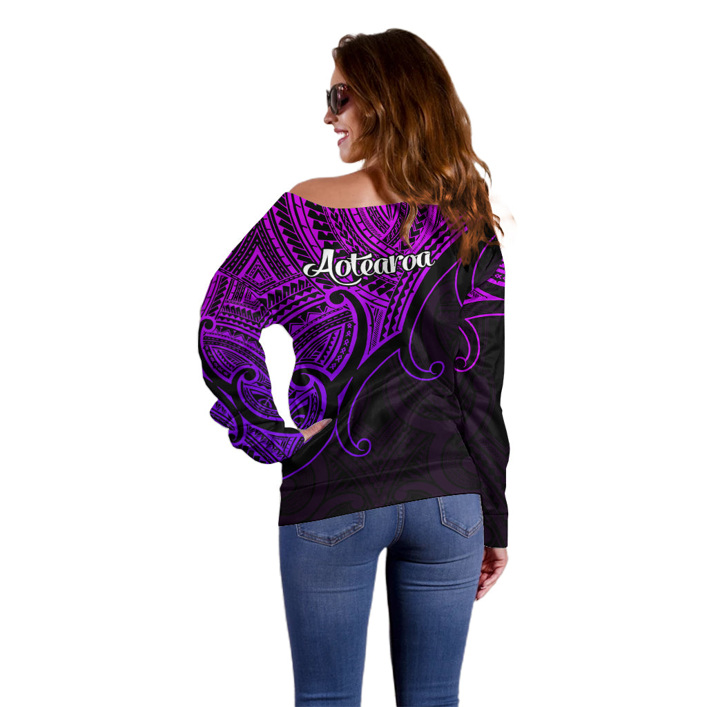 Aotearoa Maori Koru Off Shoulder Sweater Polynesian Pacific Tribal - Purple LT9 - Polynesian Pride