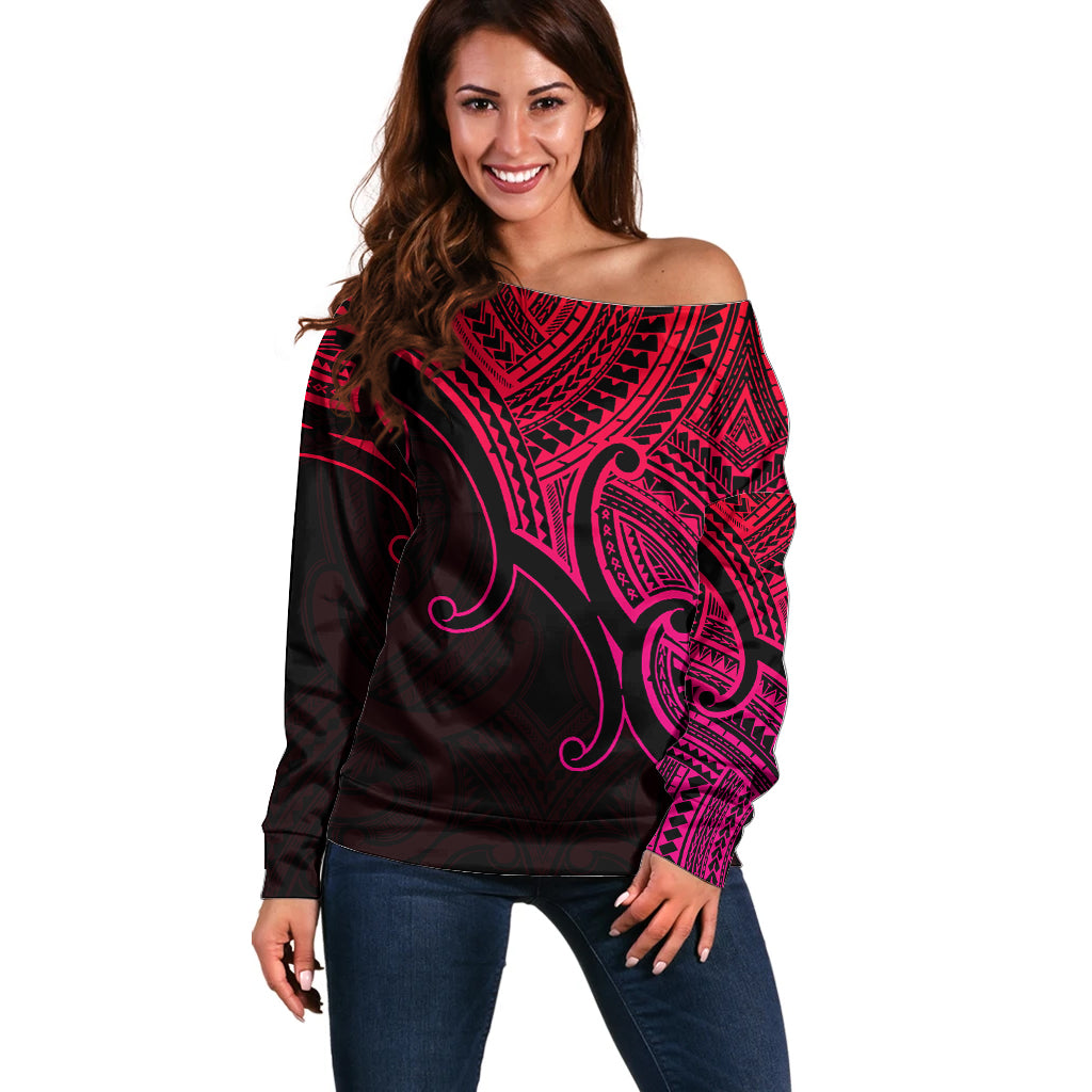 Custom Aotearoa Maori Koru Off Shoulder Sweater Polynesian Pacific Tribal - Pink LT9 Women Pink - Polynesian Pride