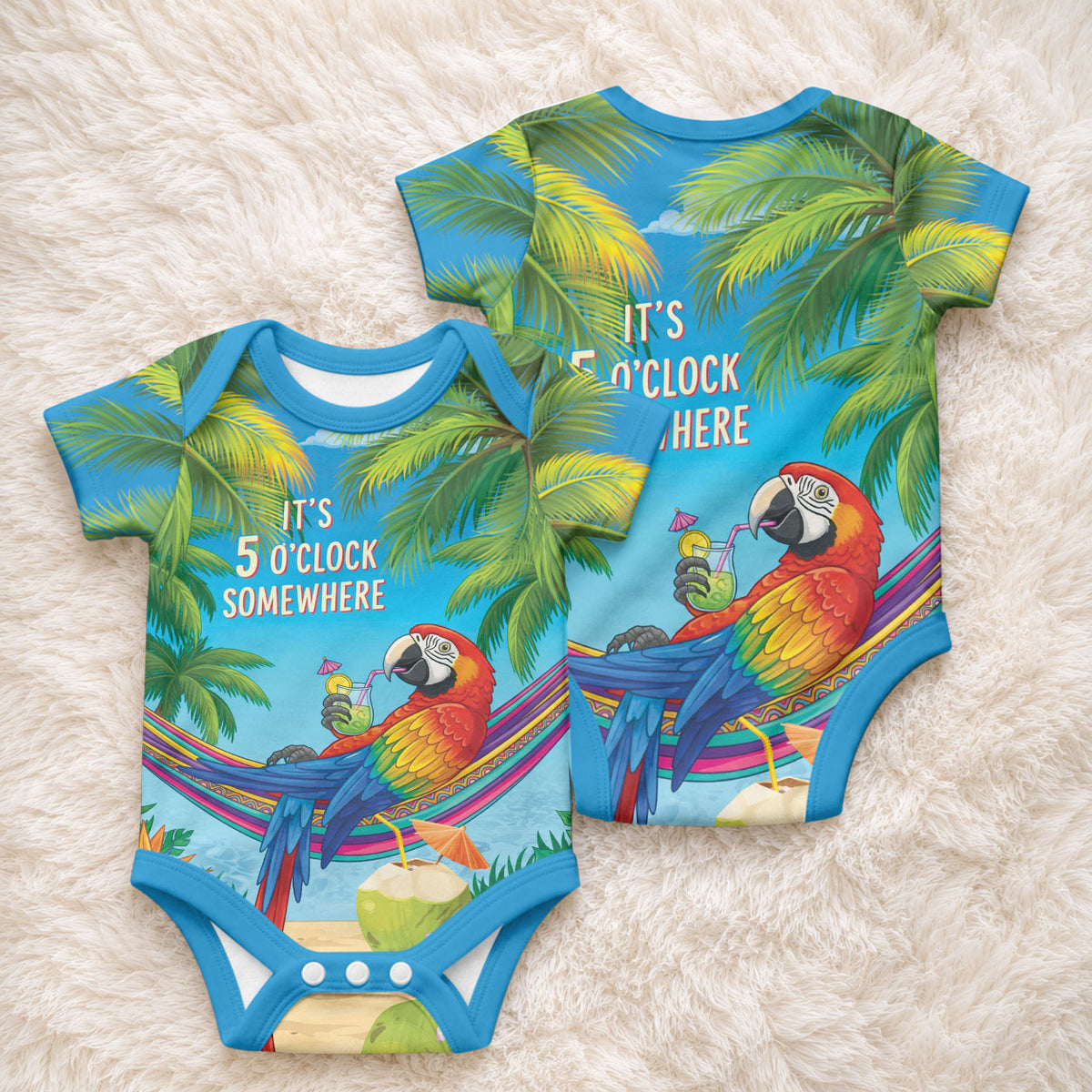 5 Oclock Somewhere Baby Onesie Hawaii Parrots Cocktail Summer Beach Vibe
