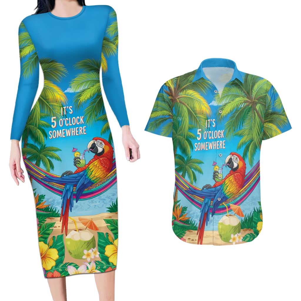 5 Oclock Somewhere Couples Matching Long Sleeve Bodycon Dress and Hawaiian Shirt Hawaii Parrots Cocktail Summer Beach Vibe LT9 Blue - Polynesian Pride