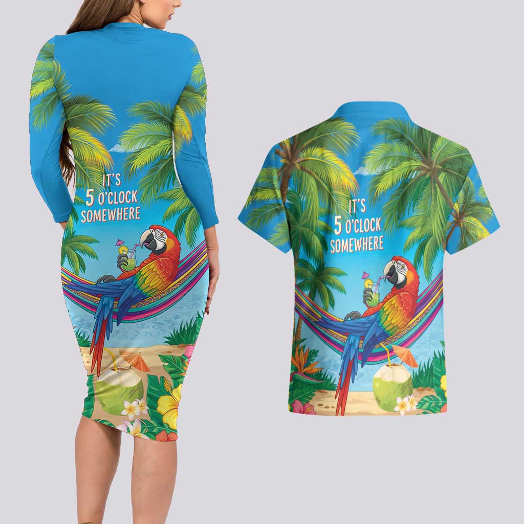 5 Oclock Somewhere Couples Matching Long Sleeve Bodycon Dress and Hawaiian Shirt Hawaii Parrots Cocktail Summer Beach Vibe LT9 - Polynesian Pride