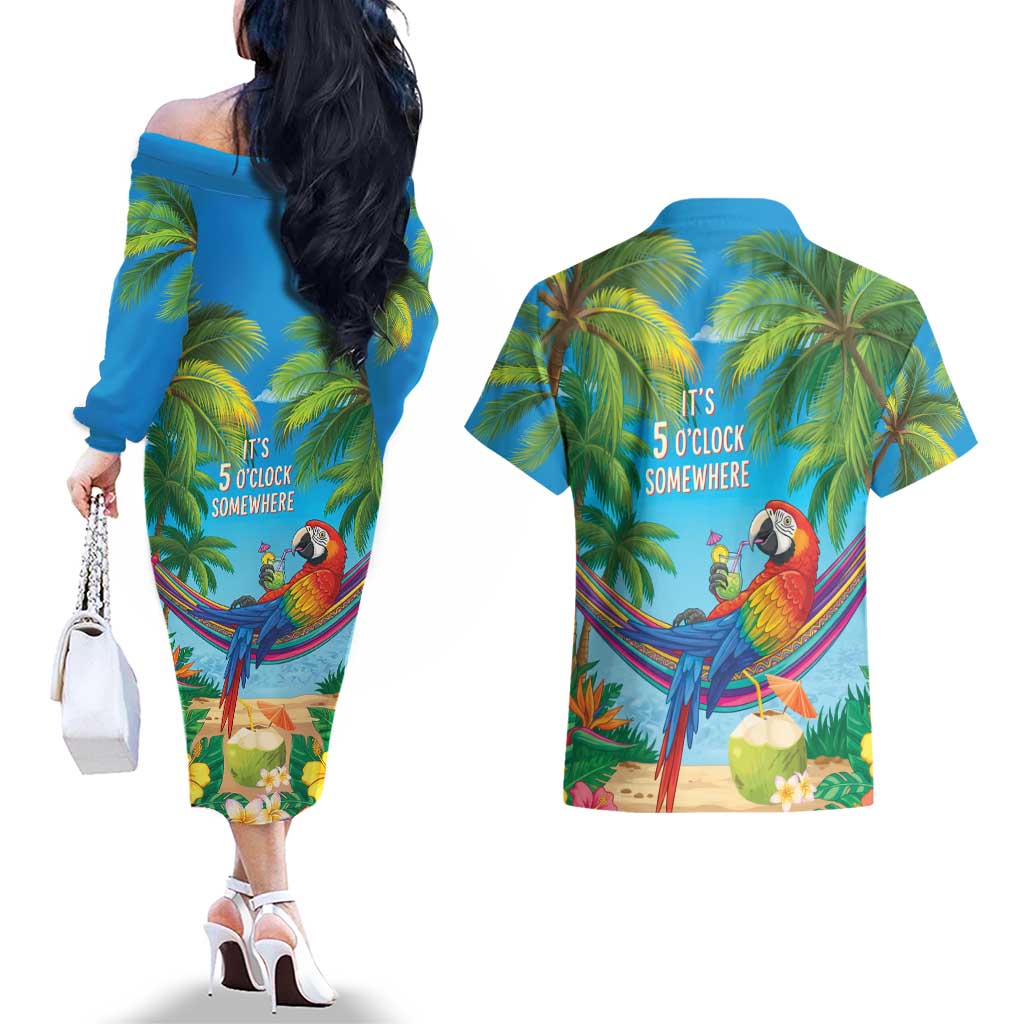 5 Oclock Somewhere Couples Matching Off The Shoulder Long Sleeve Dress and Hawaiian Shirt Hawaii Parrots Cocktail Summer Beach Vibe LT9 - Polynesian Pride