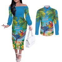 5 Oclock Somewhere Couples Matching Off The Shoulder Long Sleeve Dress and Long Sleeve Button Shirt Hawaii Parrots Cocktail Summer Beach Vibe LT9 Blue - Polynesian Pride