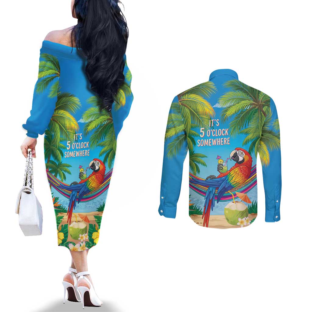 5 Oclock Somewhere Couples Matching Off The Shoulder Long Sleeve Dress and Long Sleeve Button Shirt Hawaii Parrots Cocktail Summer Beach Vibe LT9 - Polynesian Pride