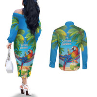 5 Oclock Somewhere Couples Matching Off The Shoulder Long Sleeve Dress and Long Sleeve Button Shirt Hawaii Parrots Cocktail Summer Beach Vibe LT9 - Polynesian Pride