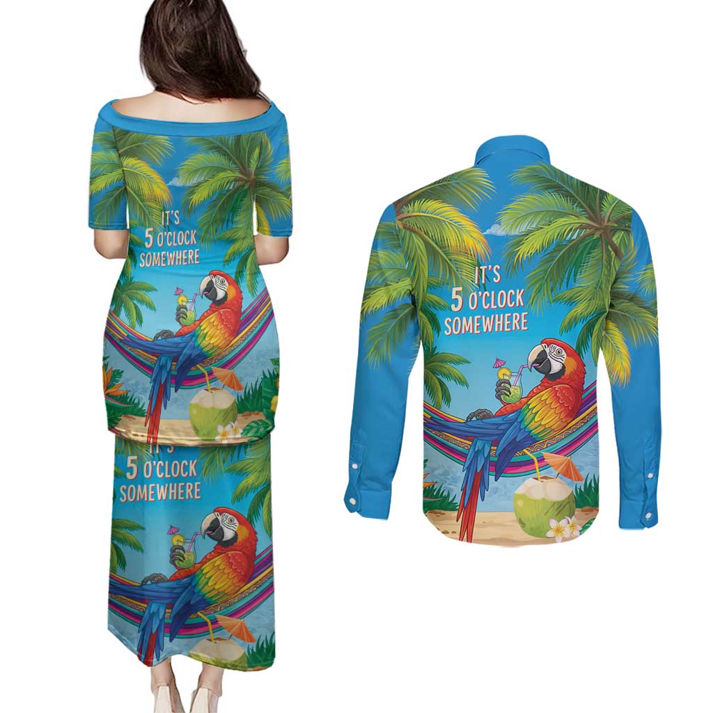 5 Oclock Somewhere Couples Matching Puletasi and Long Sleeve Button Shirt Hawaii Parrots Cocktail Summer Beach Vibe - Polynesian Pride