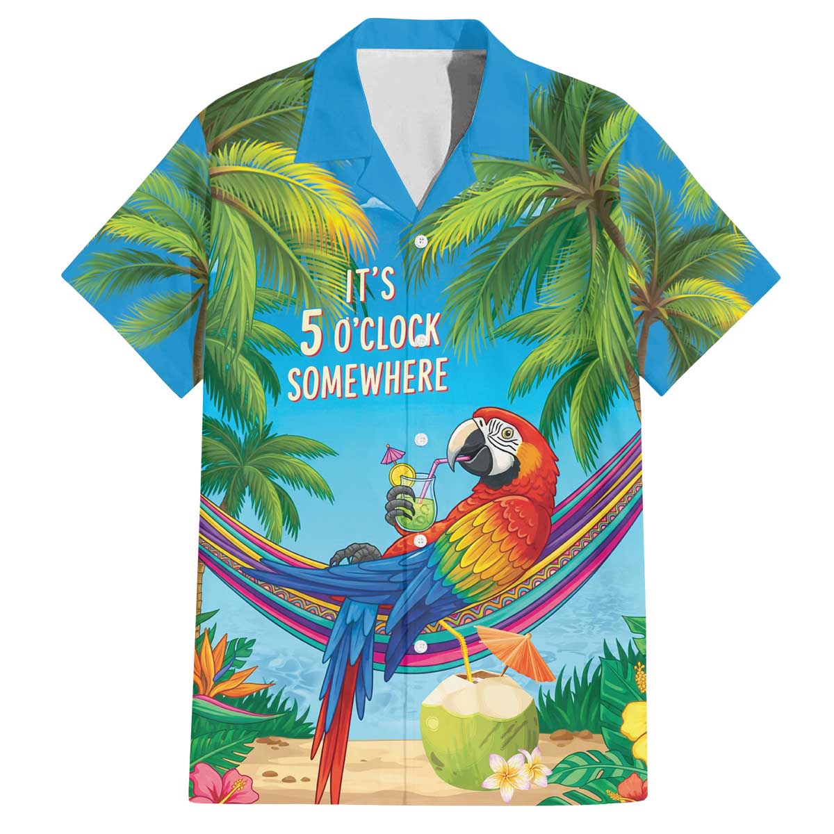 5 Oclock Somewhere Family Matching Off The Shoulder Long Sleeve Dress and Hawaiian Shirt Hawaii Parrots Cocktail Summer Beach Vibe LT9 Dad's Shirt - Short Sleeve Blue - Polynesian Pride