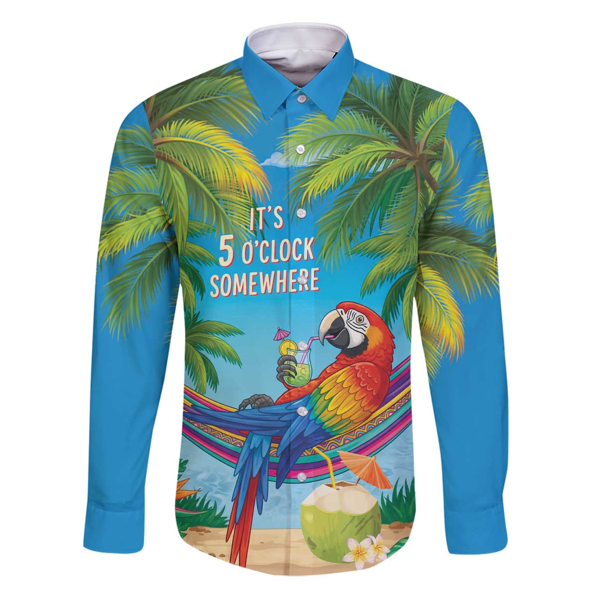 5 Oclock Somewhere Family Matching Off The Shoulder Long Sleeve Dress and Hawaiian Shirt Hawaii Parrots Cocktail Summer Beach Vibe LT9 Dad's Shirt - Long Sleeve Blue - Polynesian Pride