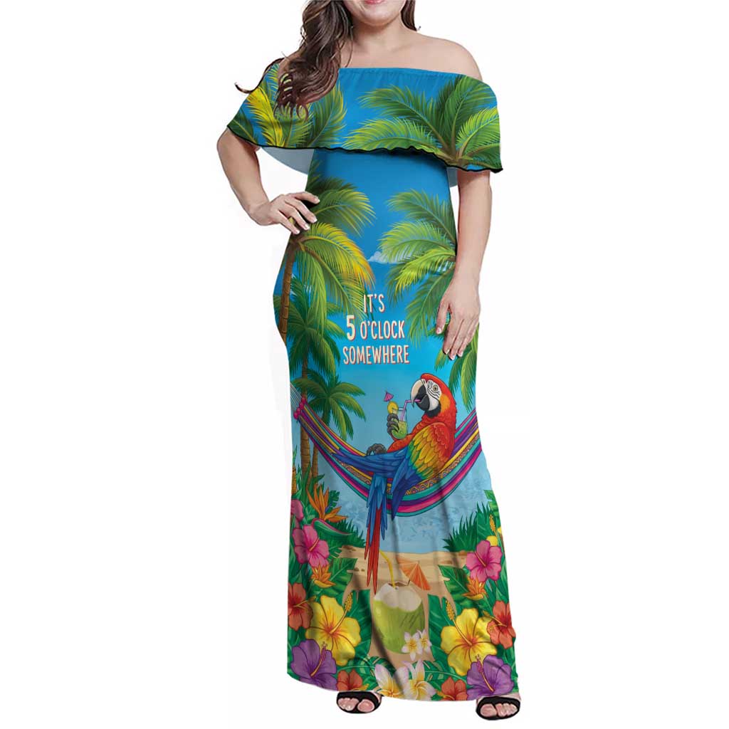 5 Oclock Somewhere Family Matching Off Shoulder Maxi Dress and Hawaiian Shirt Hawaii Parrots Cocktail Summer Beach Vibe LT9 Mom's Dress Blue - Polynesian Pride