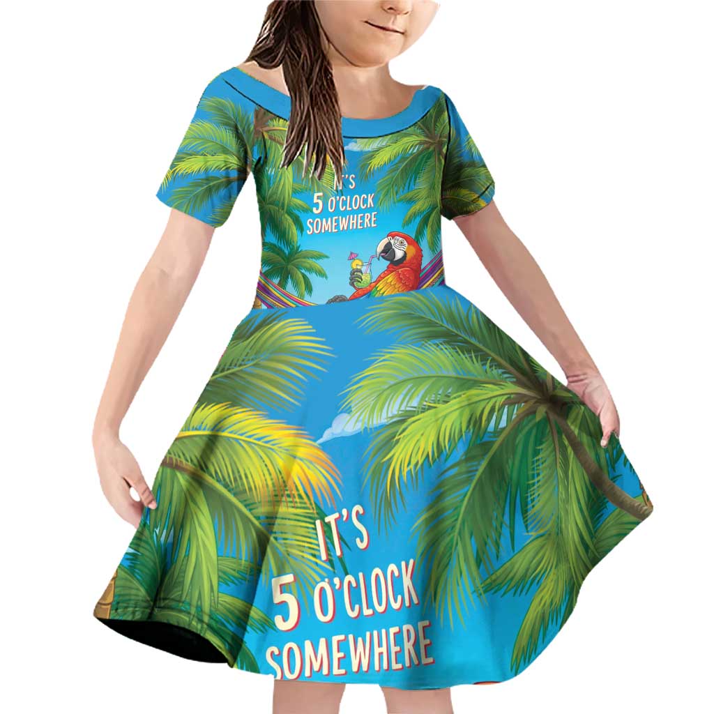 5 Oclock Somewhere Family Matching Off Shoulder Short Dress and Hawaiian Shirt Hawaii Parrots Cocktail Summer Beach Vibe LT9 Daughter's Dress Blue - Polynesian Pride