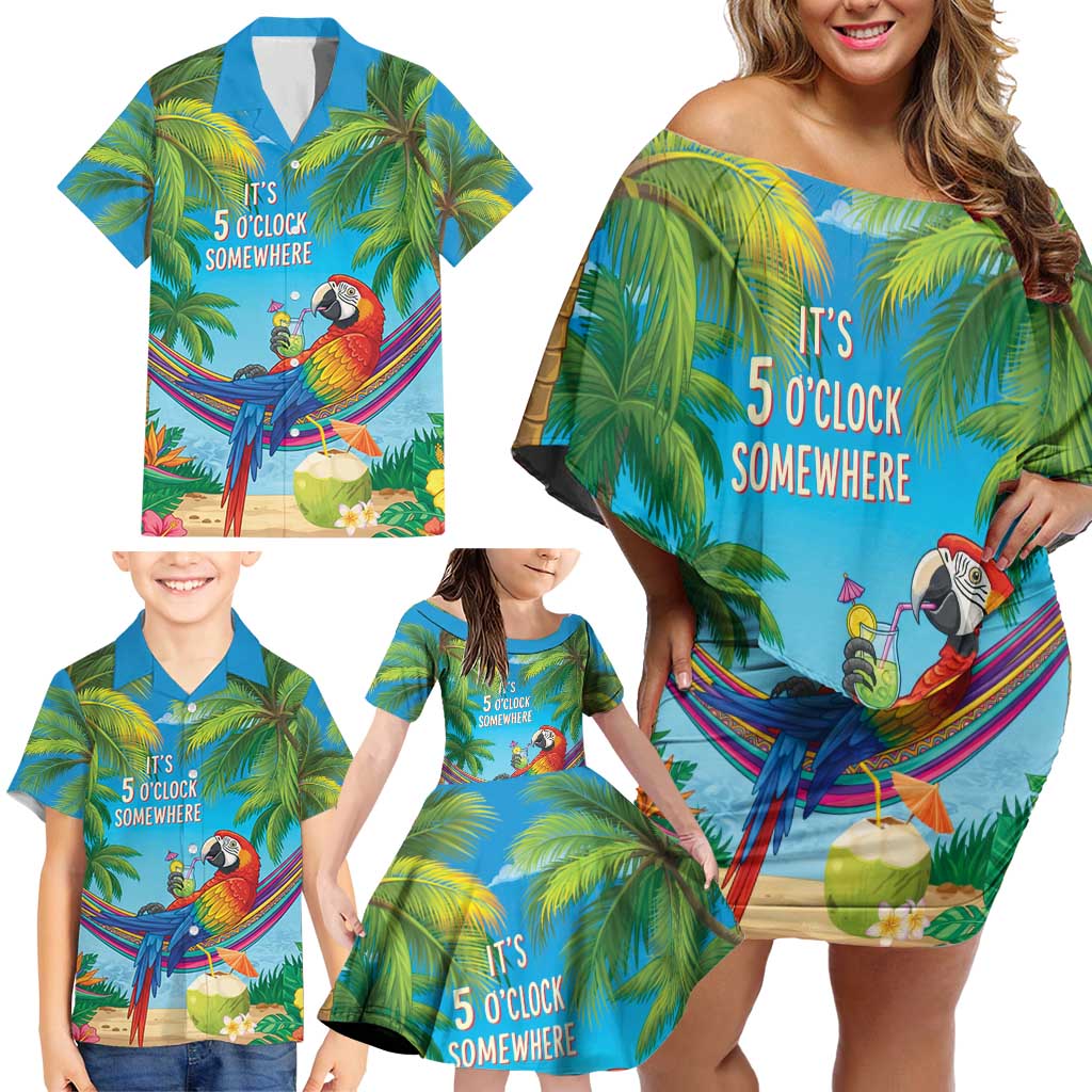5 Oclock Somewhere Family Matching Off Shoulder Short Dress and Hawaiian Shirt Hawaii Parrots Cocktail Summer Beach Vibe LT9 - Polynesian Pride