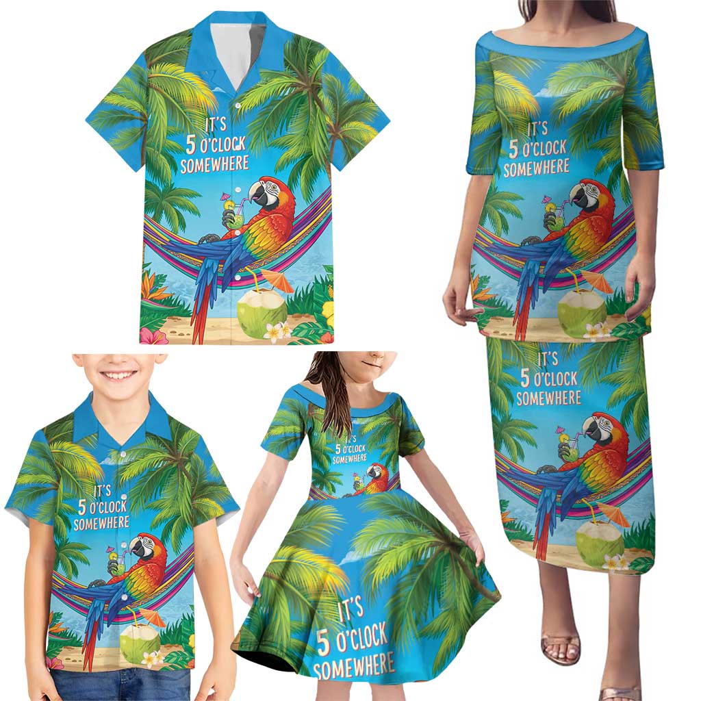 5 Oclock Somewhere Family Matching Puletasi and Hawaiian Shirt Hawaii Parrots Cocktail Summer Beach Vibe LT9 - Polynesian Pride