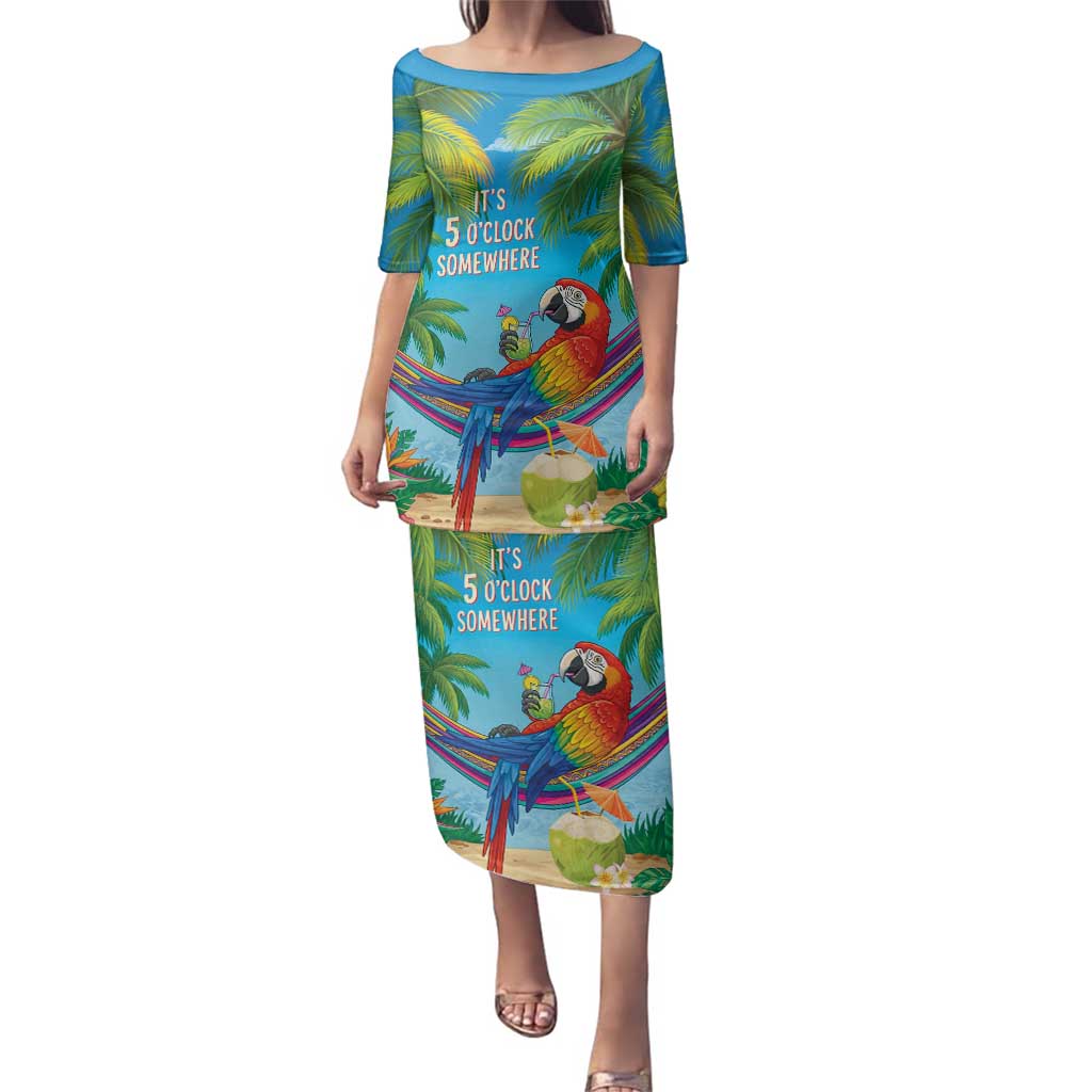 5 Oclock Somewhere Family Matching Puletasi and Hawaiian Shirt Hawaii Parrots Cocktail Summer Beach Vibe LT9 Mom's Dress Blue - Polynesian Pride