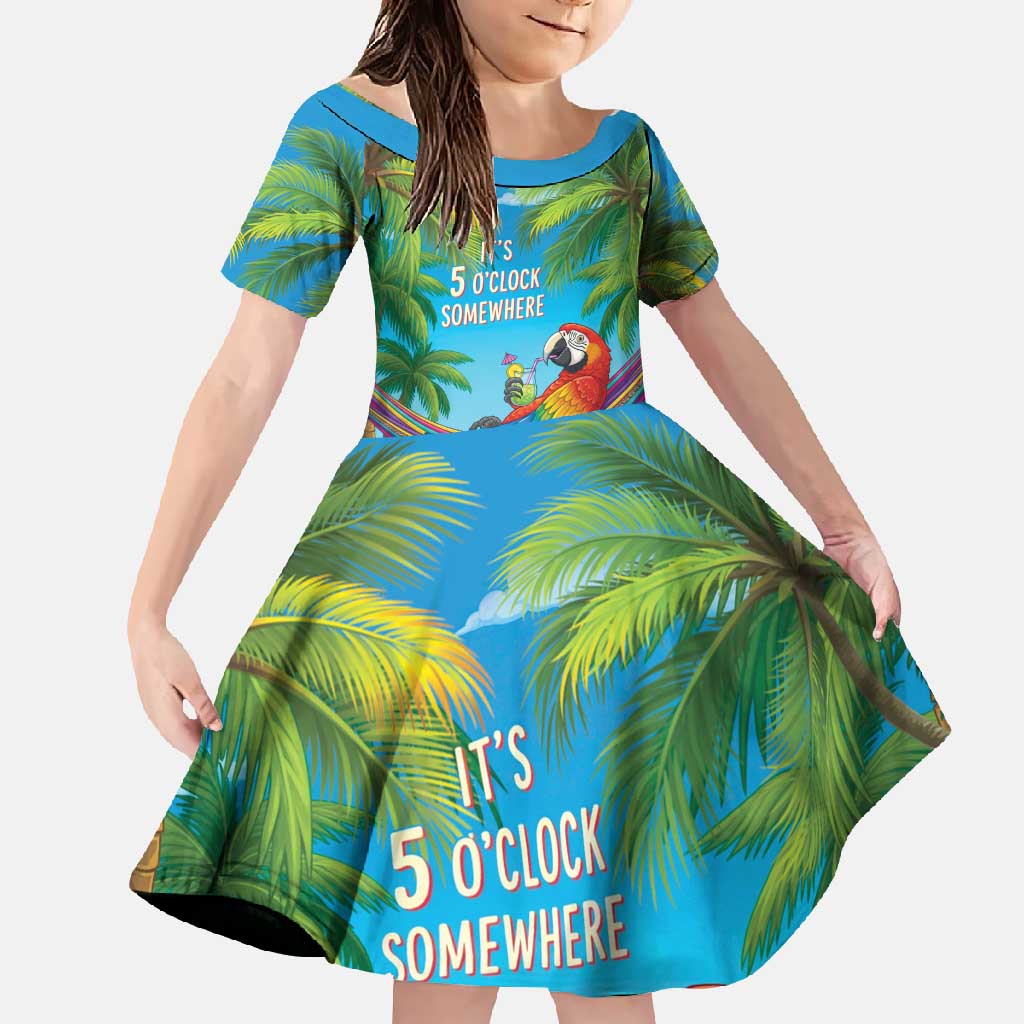 5 Oclock Somewhere Family Matching Short Sleeve Bodycon Dress and Hawaiian Shirt Hawaii Parrots Cocktail Summer Beach Vibe LT9 Daughter's Dress Blue - Polynesian Pride