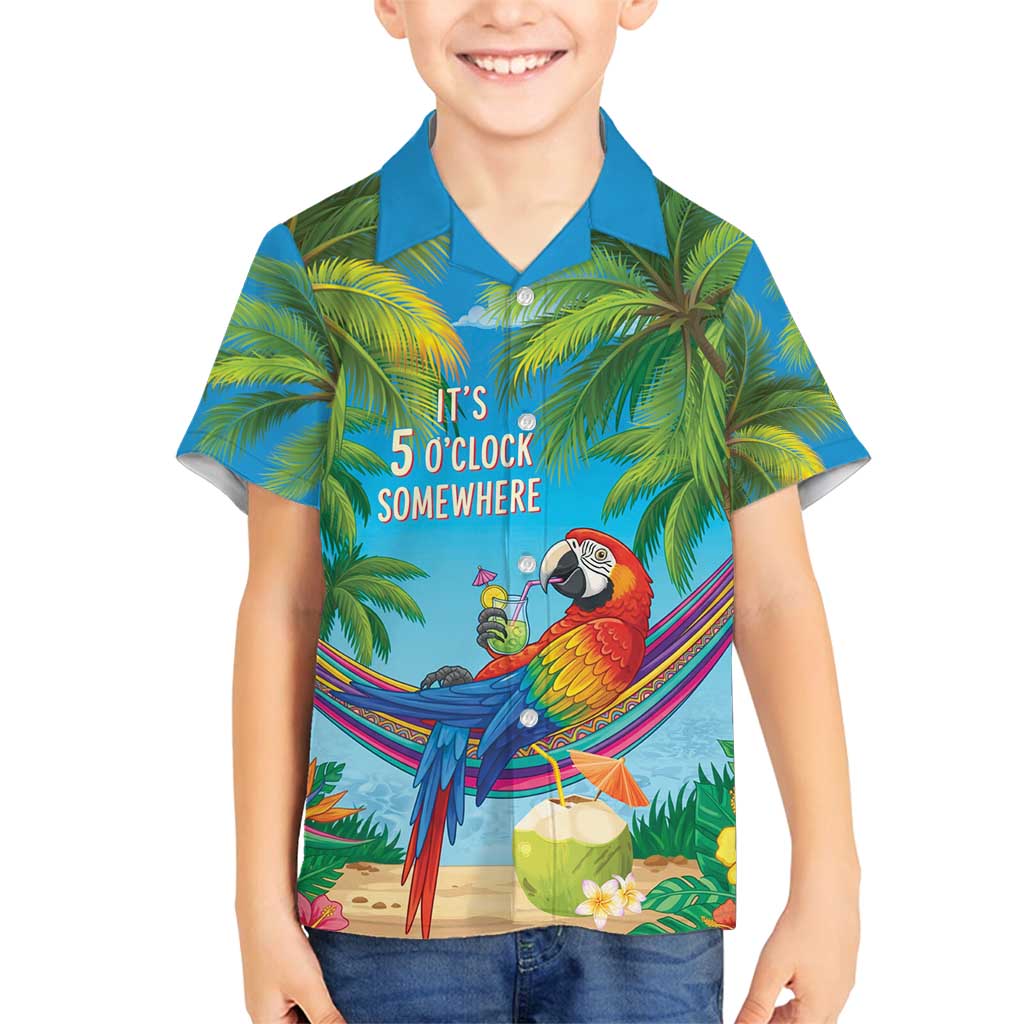 5 Oclock Somewhere Family Matching Summer Maxi Dress and Hawaiian Shirt Hawaii Parrots Cocktail Summer Beach Vibe LT9 Son's Shirt Blue - Polynesian Pride