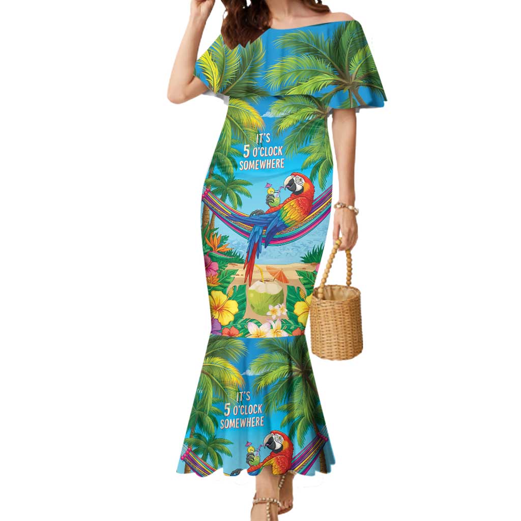 5 Oclock Somewhere Mermaid Dress Hawaii Parrots Cocktail Summer Beach Vibe LT9 Women Blue - Polynesian Pride