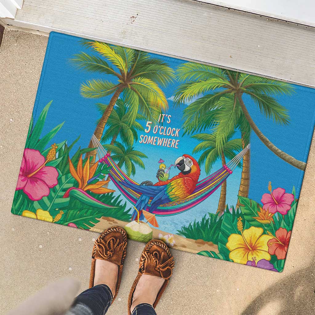 5 Oclock Somewhere Rubber Doormat Hawaii Parrots Cocktail Summer Beach Vibe - Polynesian Pride