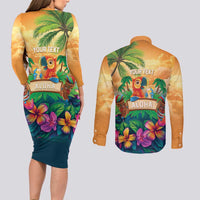 5 Oclock Somewhere Personalized Couples Matching Long Sleeve Bodycon Dress and Long Sleeve Button Shirt Hawaii Parrots Plumeria Summer Vibe LT9 - Polynesian Pride
