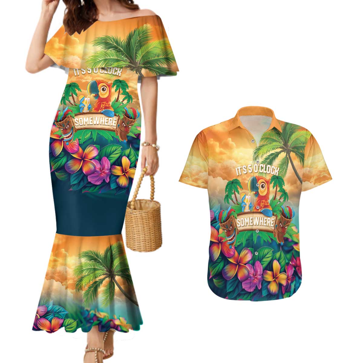 5 Oclock Somewhere Personalized Couples Matching Mermaid Dress and Hawaiian Shirt Hawaii Parrots Plumeria Summer Vibe LT9 Yellow - Polynesian Pride
