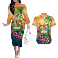 5 Oclock Somewhere Personalized Couples Matching Off The Shoulder Long Sleeve Dress and Hawaiian Shirt Hawaii Parrots Plumeria Summer Vibe LT9 Yellow - Polynesian Pride