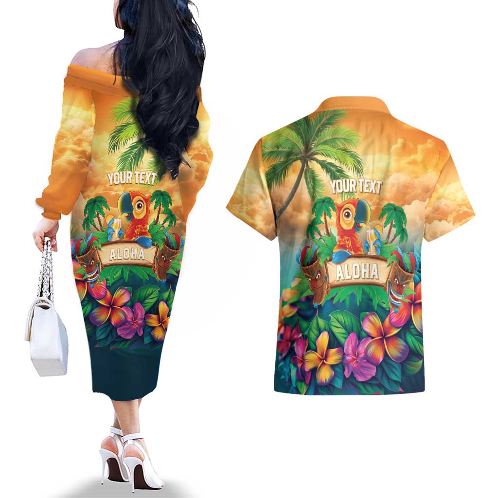 5 Oclock Somewhere Personalized Couples Matching Off The Shoulder Long Sleeve Dress and Hawaiian Shirt Hawaii Parrots Plumeria Summer Vibe LT9 - Polynesian Pride