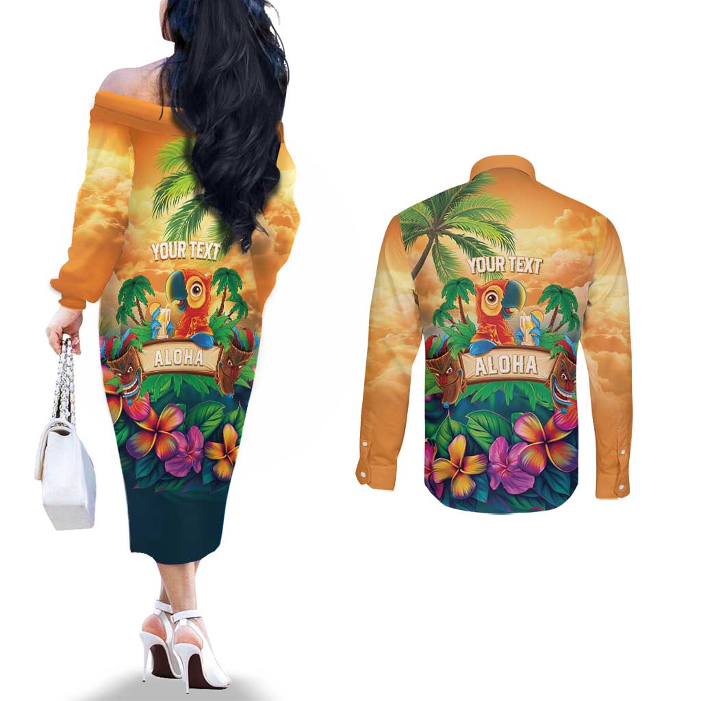5 Oclock Somewhere Personalized Couples Matching Off The Shoulder Long Sleeve Dress and Long Sleeve Button Shirt Hawaii Parrots Plumeria Summer Vibe LT9 - Polynesian Pride