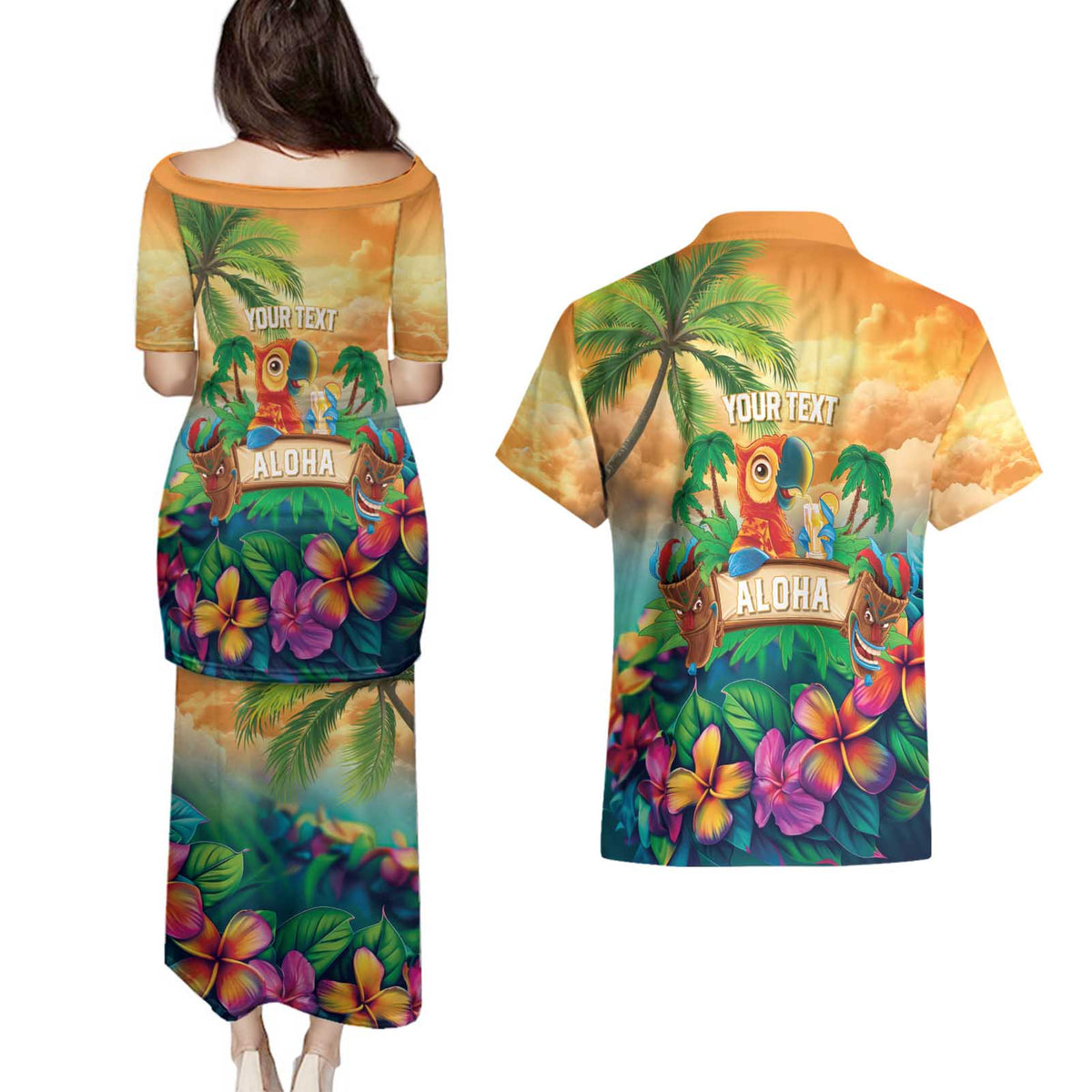 5 Oclock Somewhere Personalized Couples Matching Puletasi and Hawaiian Shirt Hawaii Parrots Plumeria Summer Vibe LT9 - Polynesian Pride