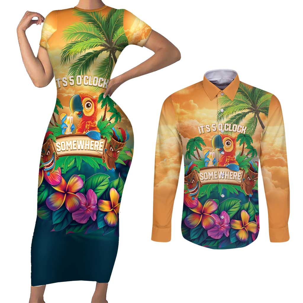 5 Oclock Somewhere Personalized Couples Matching Short Sleeve Bodycon Dress and Long Sleeve Button Shirt Hawaii Parrots Plumeria Summer Vibe LT9 Yellow - Polynesian Pride