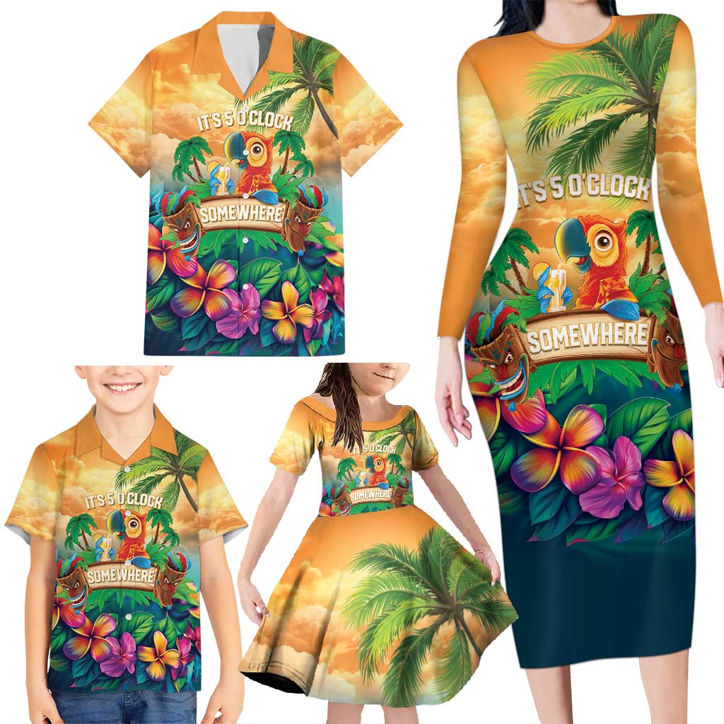 5 Oclock Somewhere Personalized Family Matching Long Sleeve Bodycon Dress and Hawaiian Shirt Hawaii Parrots Plumeria Summer Vibe LT9 - Polynesian Pride
