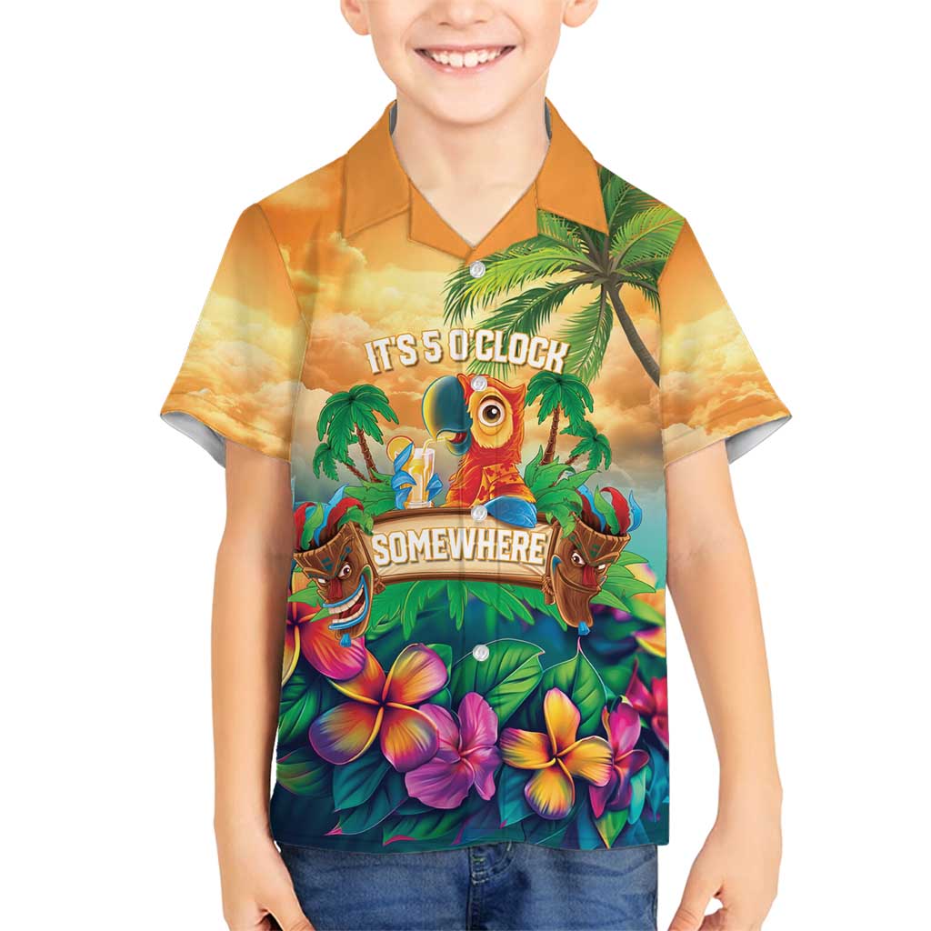 5 Oclock Somewhere Personalized Family Matching Long Sleeve Bodycon Dress and Hawaiian Shirt Hawaii Parrots Plumeria Summer Vibe LT9 Son's Shirt Yellow - Polynesian Pride