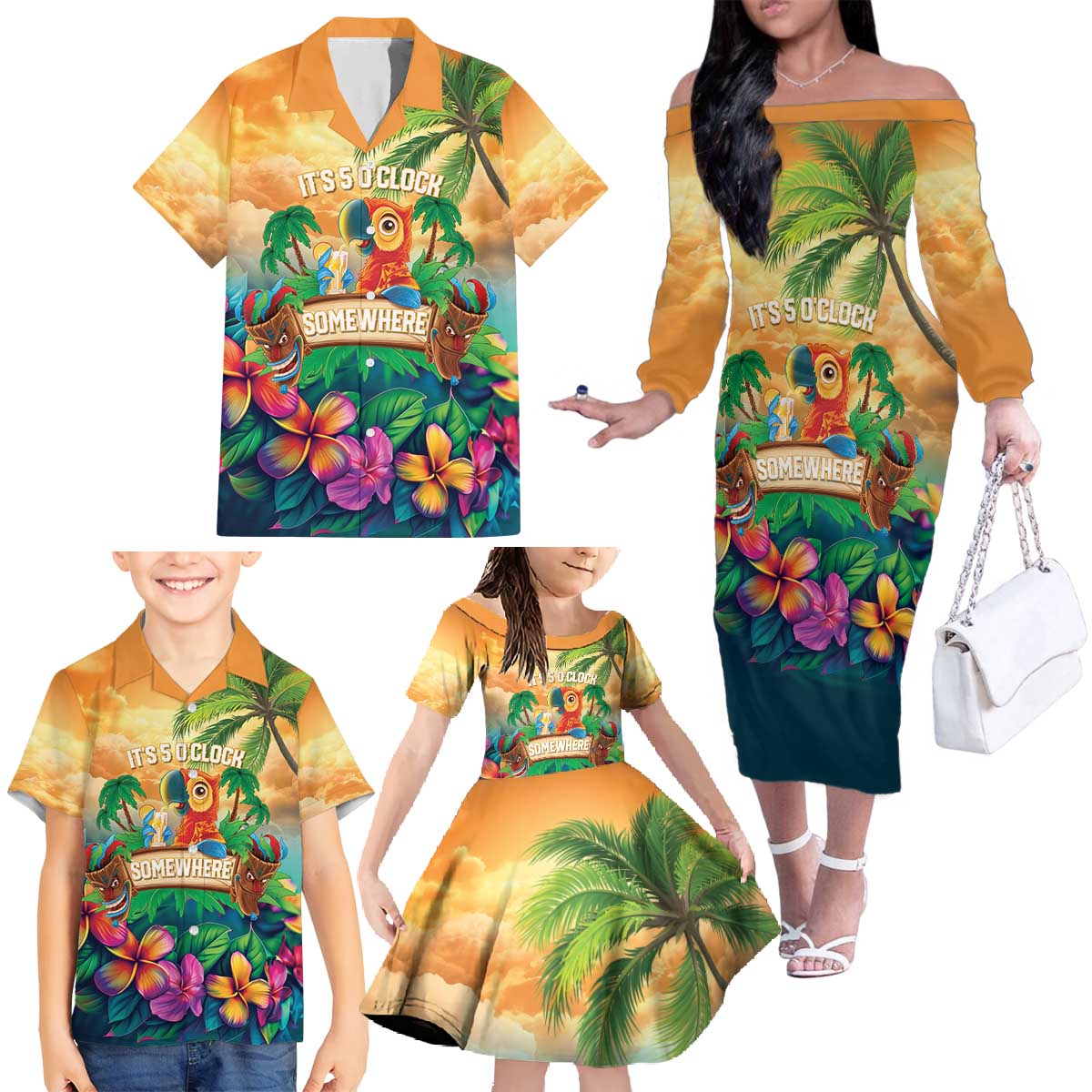 5 Oclock Somewhere Personalized Family Matching Off The Shoulder Long Sleeve Dress and Hawaiian Shirt Hawaii Parrots Plumeria Summer Vibe LT9 - Polynesian Pride