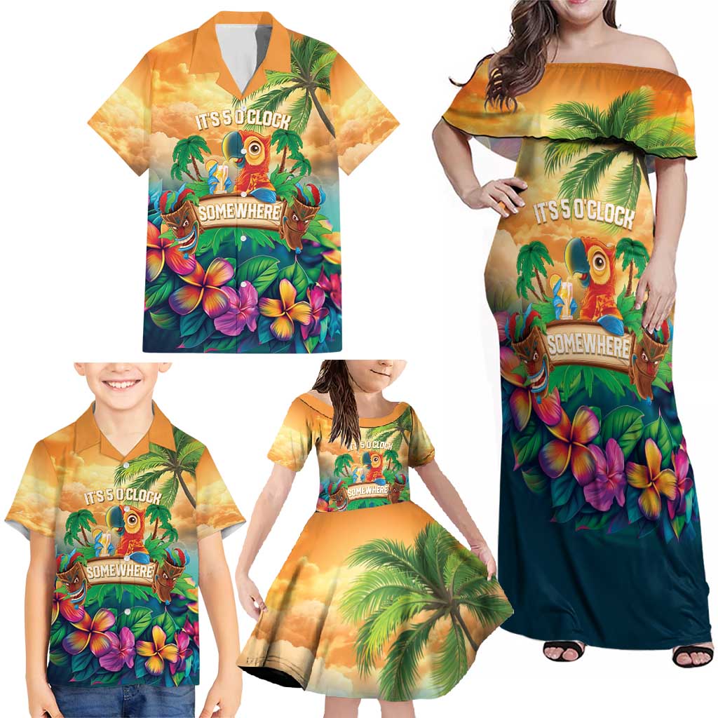 5 Oclock Somewhere Personalized Family Matching Off Shoulder Maxi Dress and Hawaiian Shirt Hawaii Parrots Plumeria Summer Vibe LT9 - Polynesian Pride