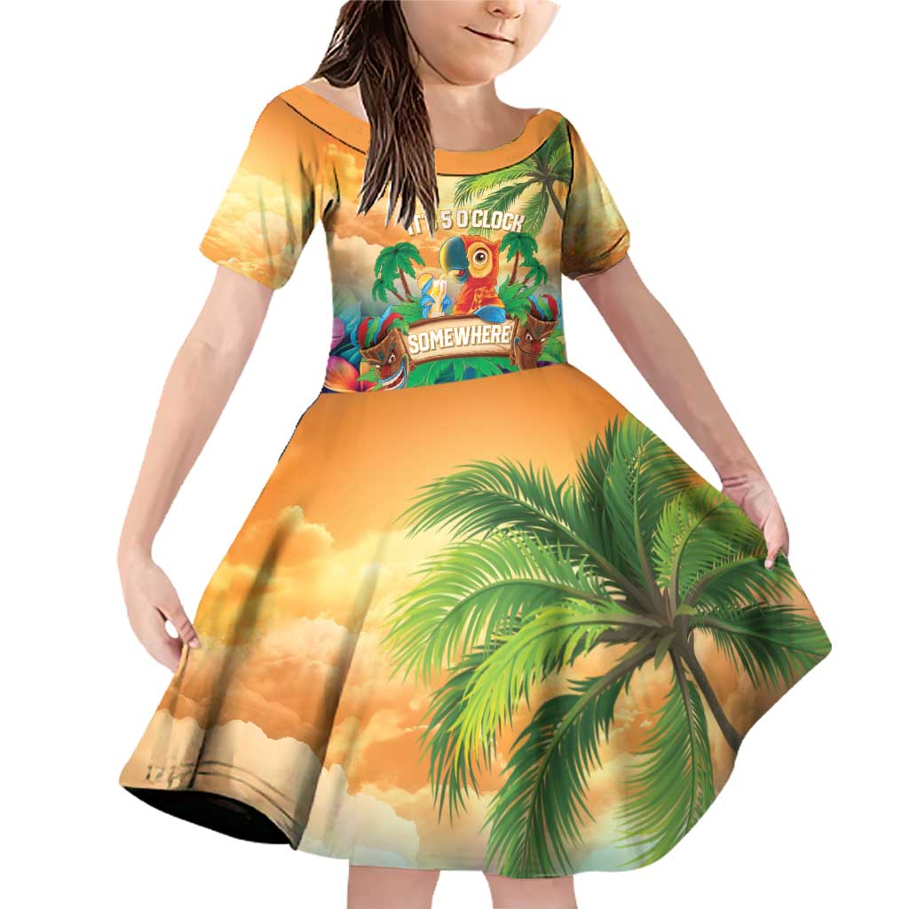 5 Oclock Somewhere Personalized Family Matching Off Shoulder Short Dress and Hawaiian Shirt Hawaii Parrots Plumeria Summer Vibe LT9 Daughter's Dress Yellow - Polynesian Pride